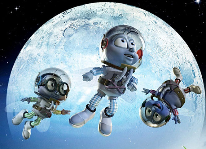 Three cartoon astronauts floating in space from the movie, "Fly Me to the Moon"