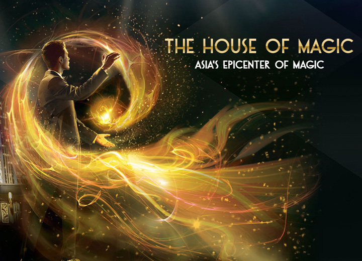 The House of Magic show poster for magician Franz Harary with a glowing ball between his hands.
