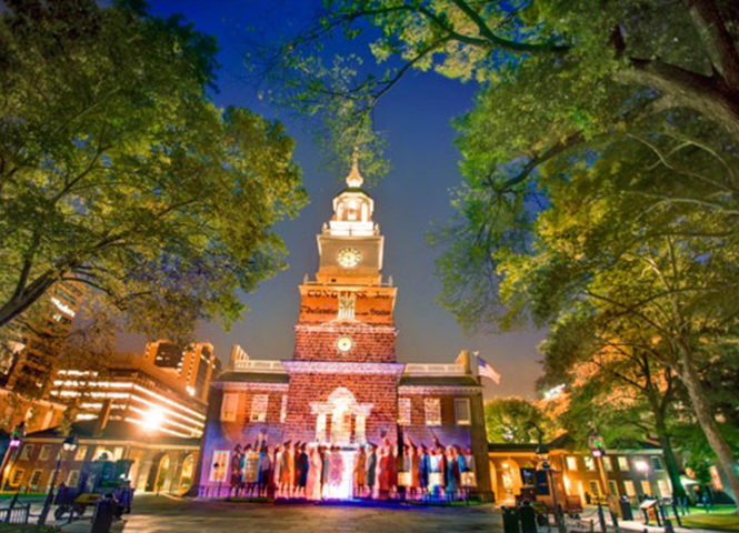 The front of "Lights of Liberty" show at the Independence National Historic Park