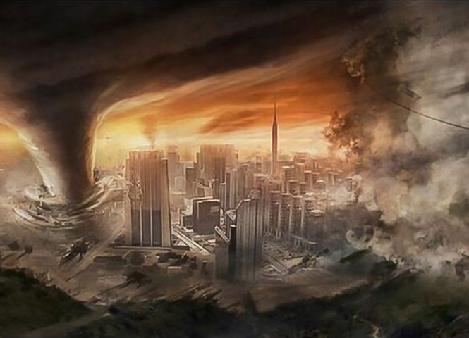 A tornado destroying a city in the "Power of Nature" ride.