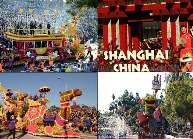 A four picture grid of Rose Parade Float Design by Miziker.