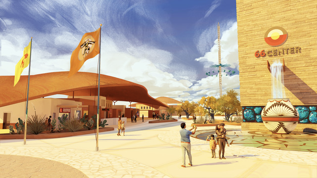 Front entrance rendering of the National Route 66 center in Laguna Pueblo, New Mexico
